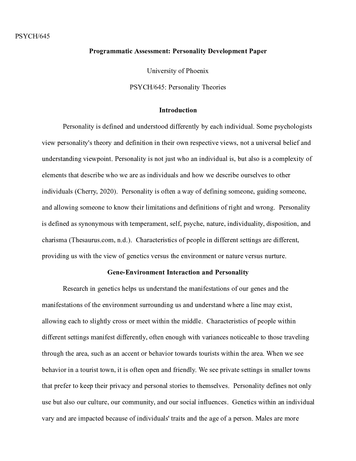 Preview image of Personality Development Paper Final.docx    PSYCH/645  Programmatic Assessment: Personalit document